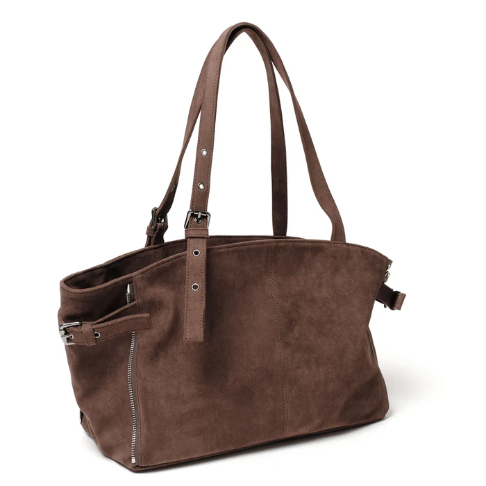 Zipper Shopper Bag M Suede Brown