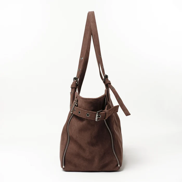 Zipper Shopper Bag M Suede Brown