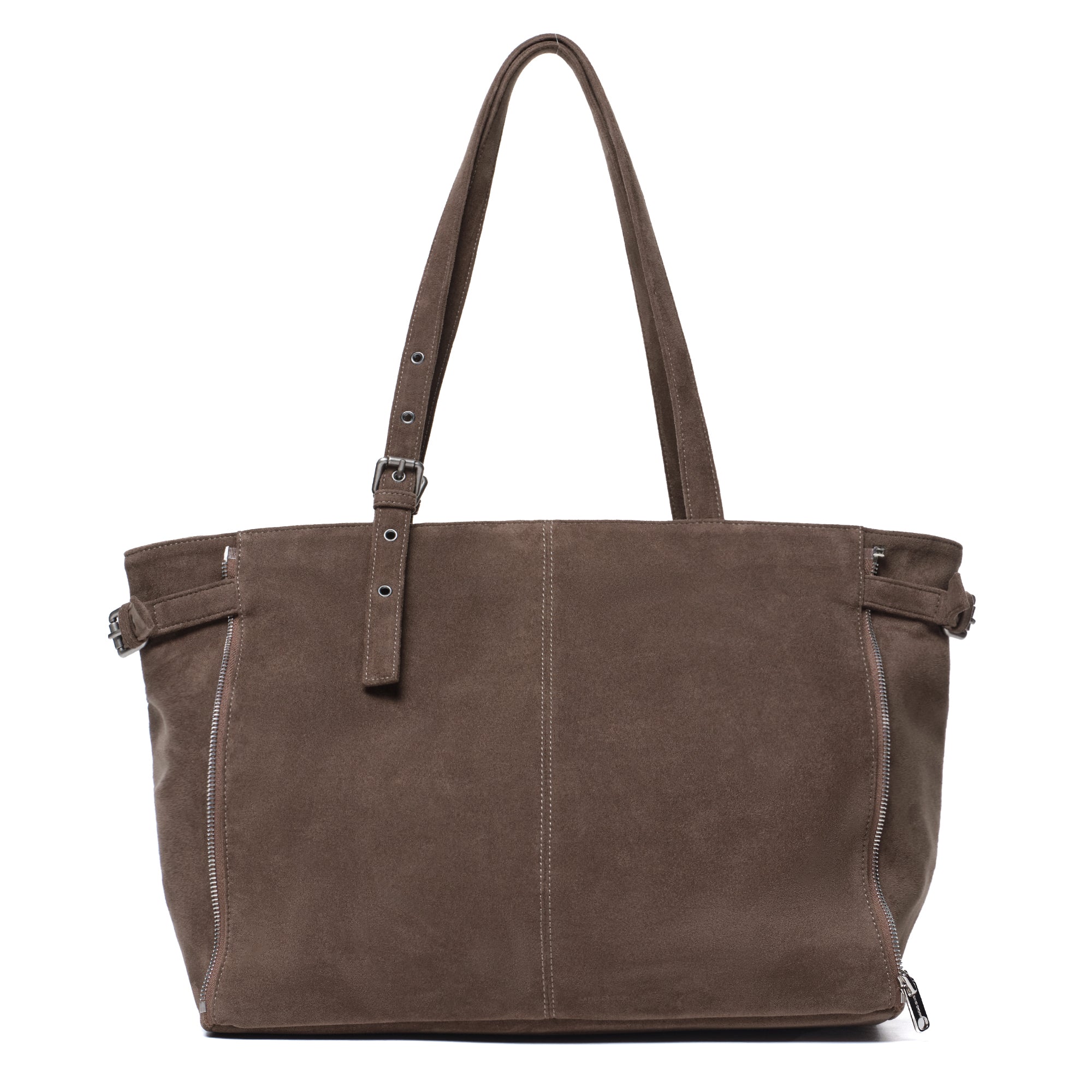 Zipper Shopper Bag L Suede Khaki Gray