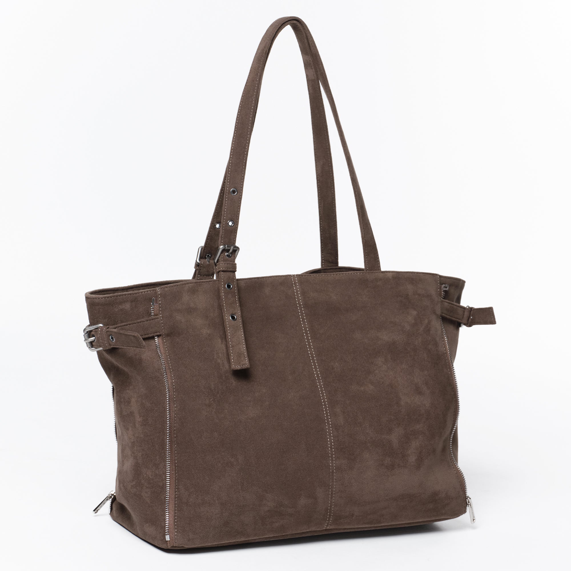 Zipper Shopper Bag L Suede Khaki Gray