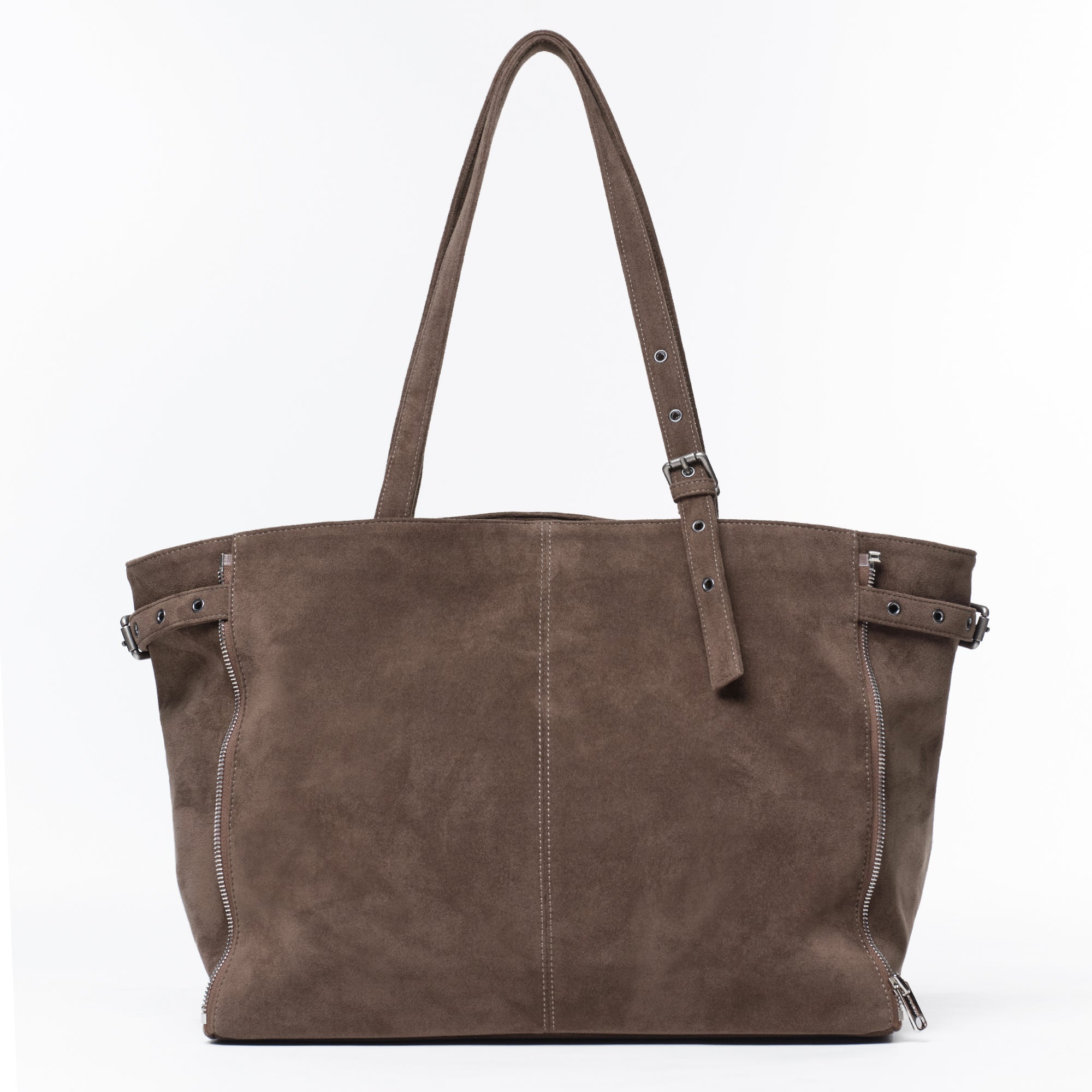 Zipper Shopper Bag L Suede Khaki Gray