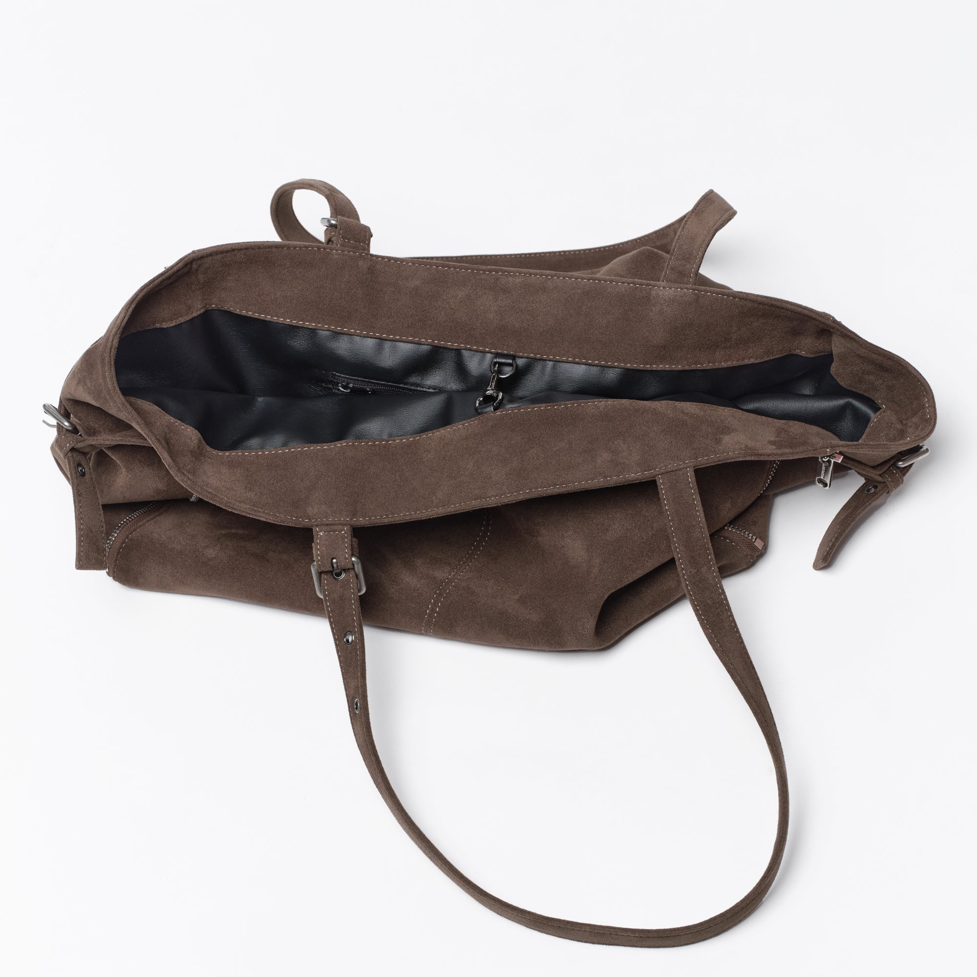 Zipper Shopper Bag L Suede Khaki Gray