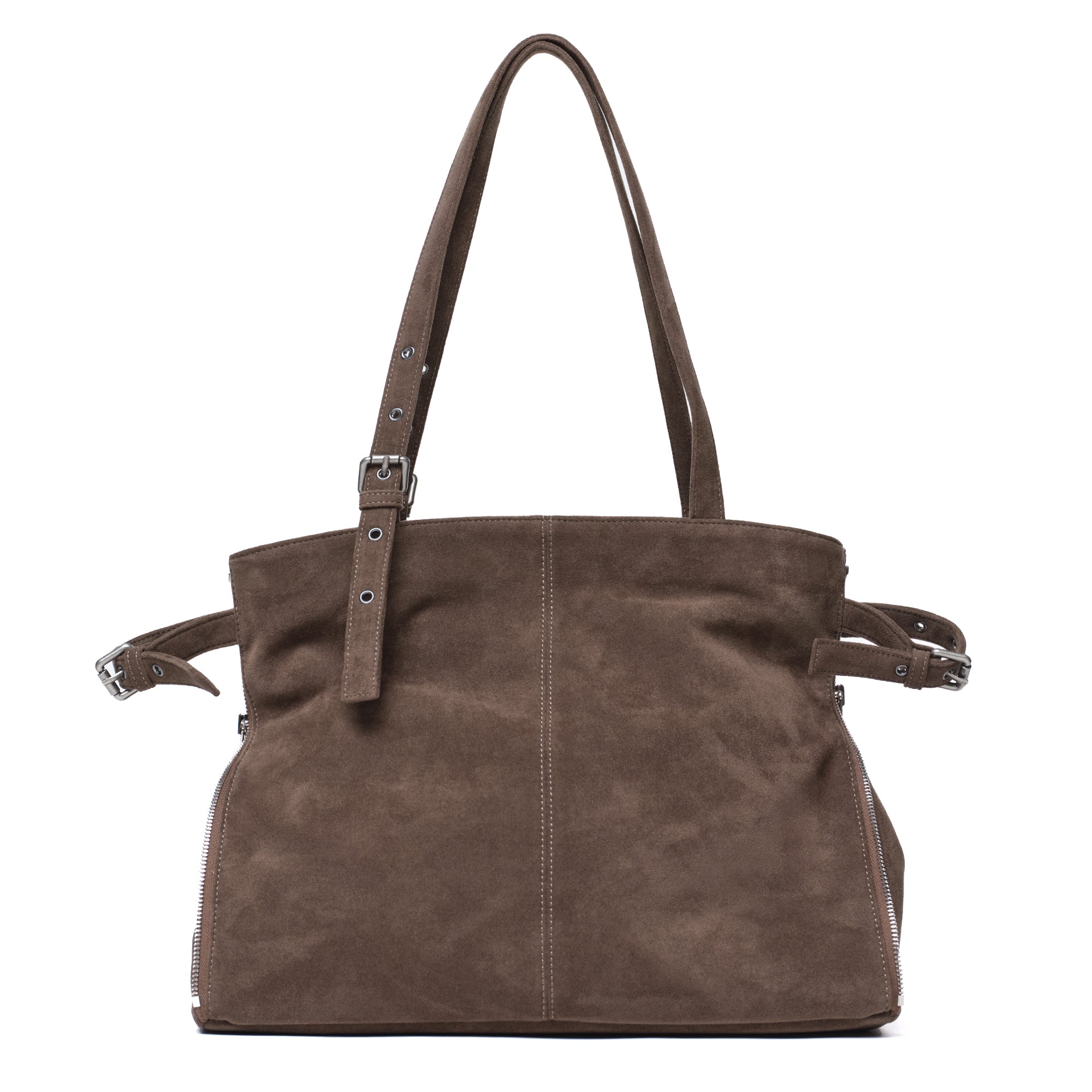 Zipper Shopper Bag L Suede Khaki Gray