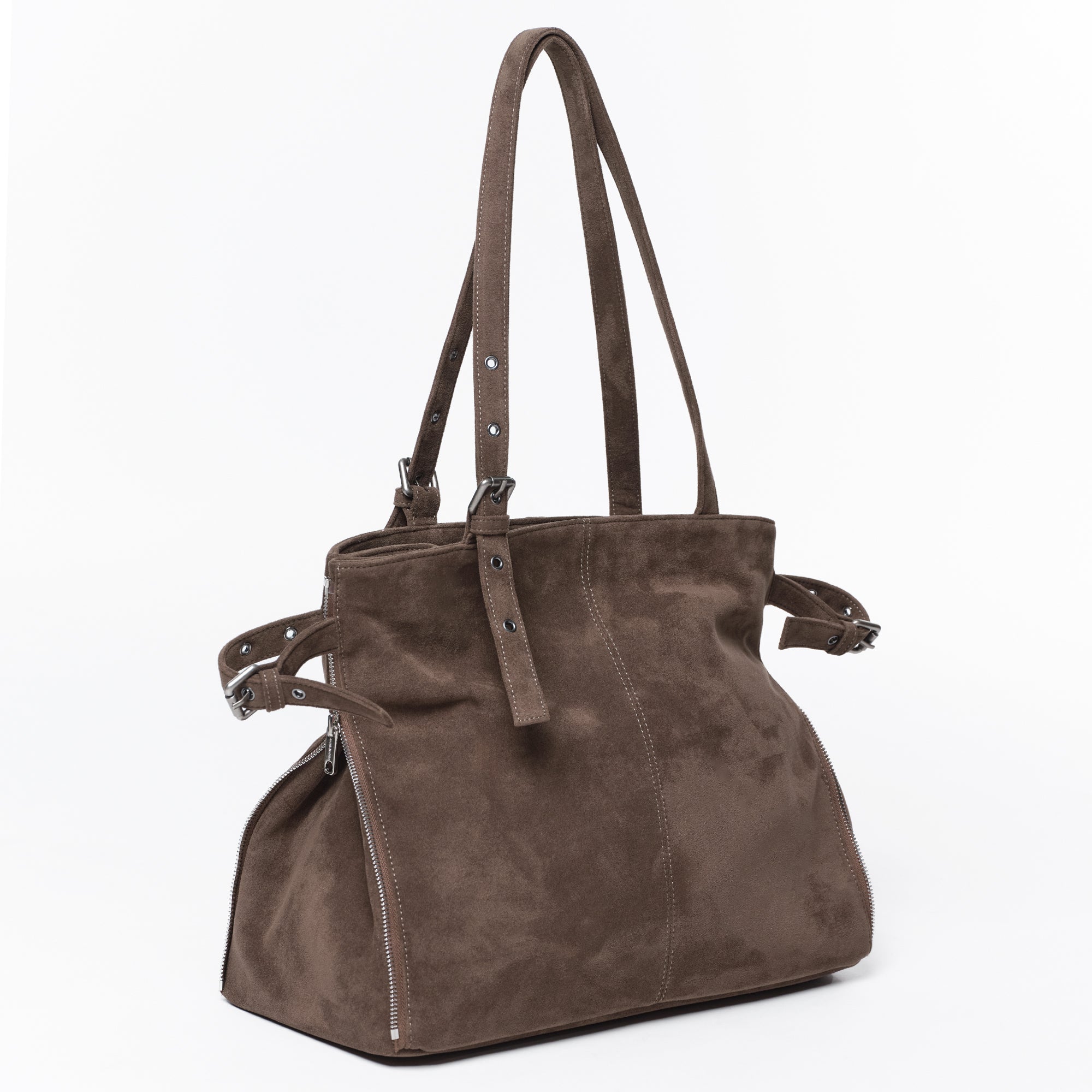 Zipper Shopper Bag L Suede Khaki Gray
